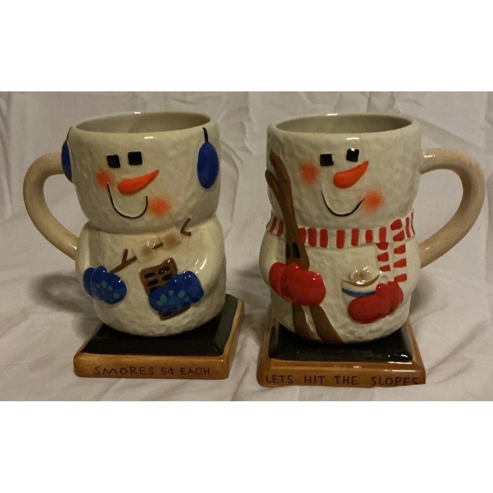 2 Hand Painted Bay Island Snowmen S'mores Hot Chocolate Marshmallow Coffee Mugs‎